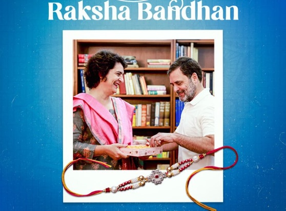 Priyanka Gandhi ties a Rakhi to Rahul Gandhi