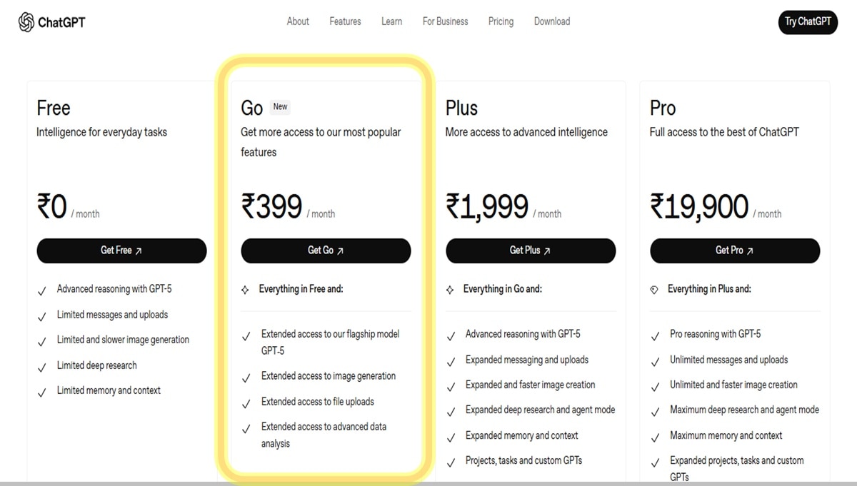 ChatGPT Go का मंथली प्लान 
