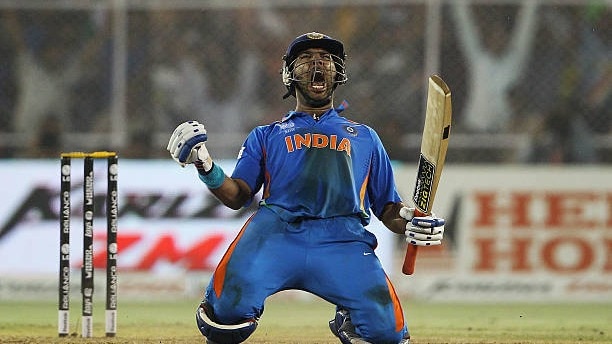 Yuvraj Singh of India celebrates hitting the winning runs during the 2011 ICC World Cup 