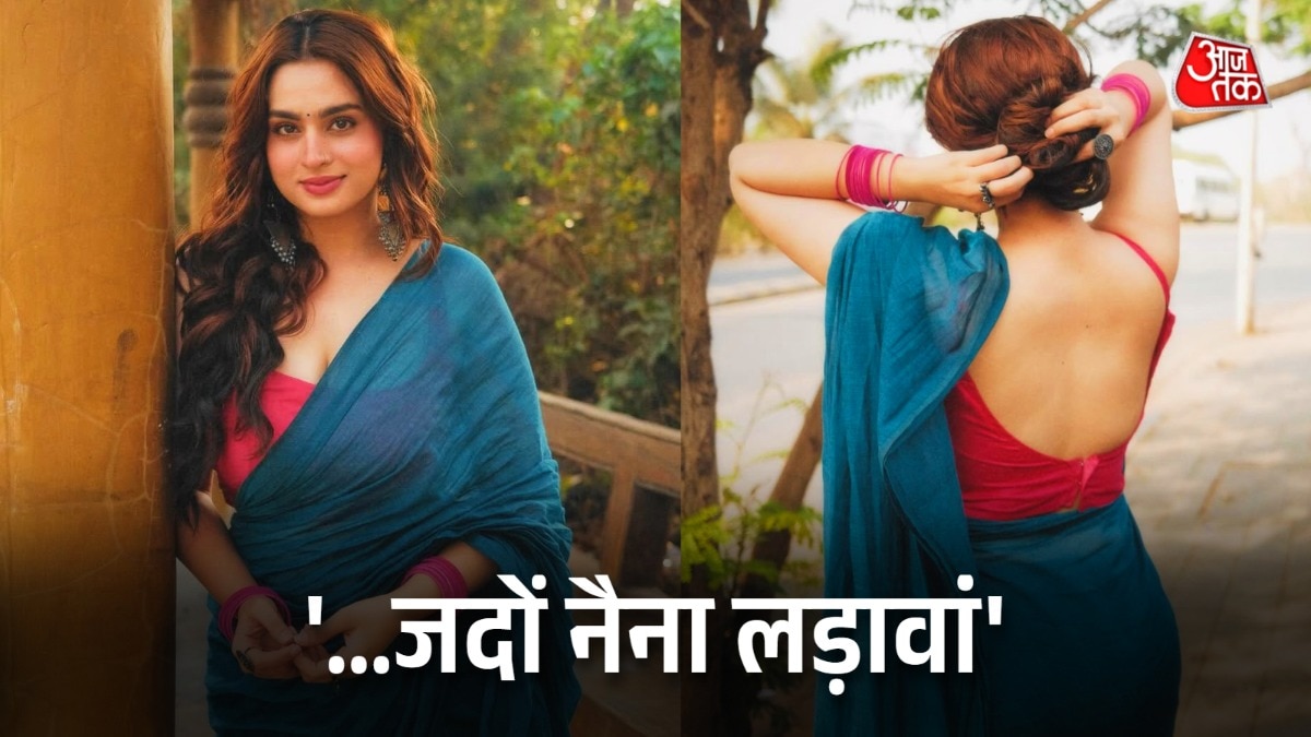 ayesha khan desi look in blue saree