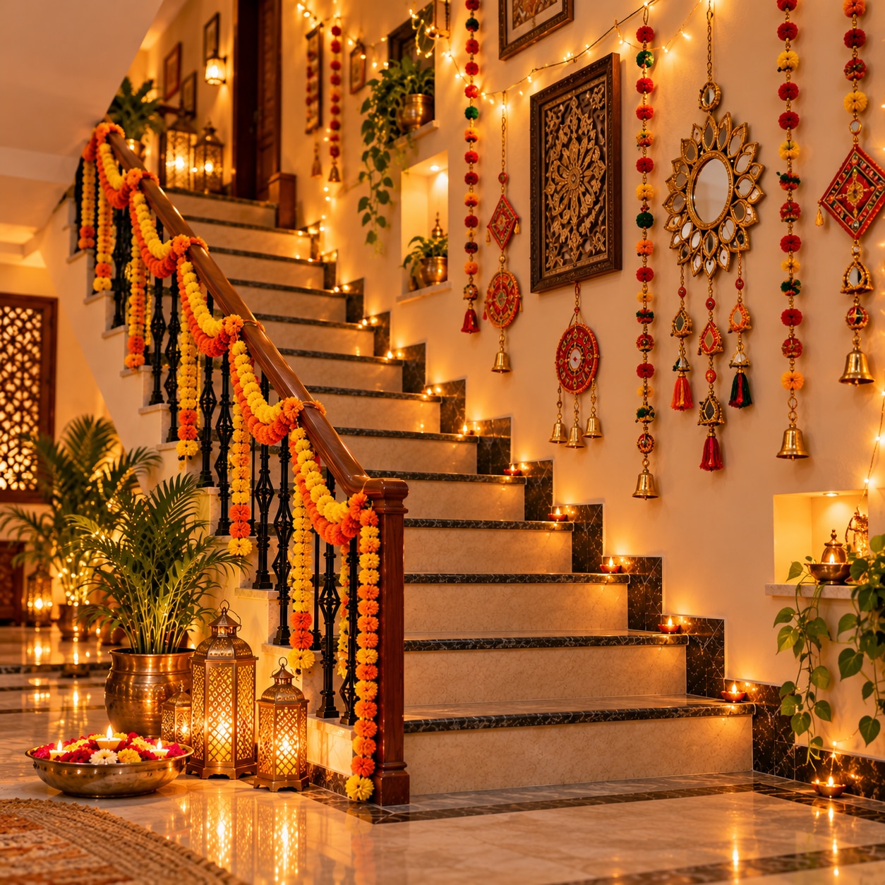 दिवाली पर सीढ़ियां कैसे सजाएं? (Photo: AI Generated)