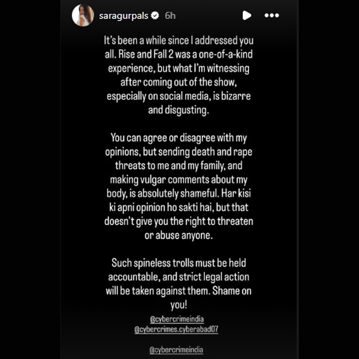 actress sara gurpal receive rape death threats
