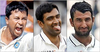 प्रज्ञान ओझा, रविचंद्रन अश्विन और चेतेश्वर पुजारा