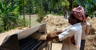 प्रतीकात्मक तस्वीरः थ्रेशिंग मशीन पर काम करता किसान