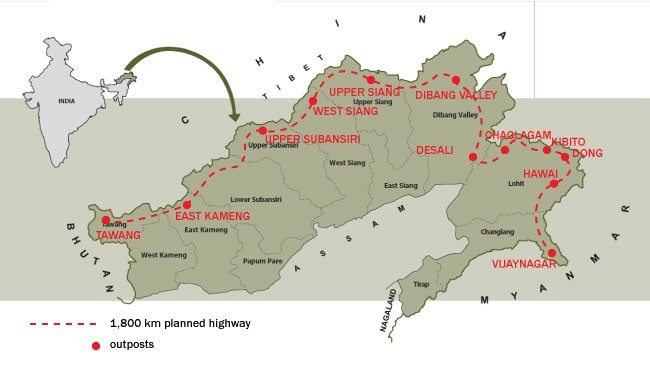 भारत-चीन सीमा पर प्रस्तावित सड़क का नक्शा