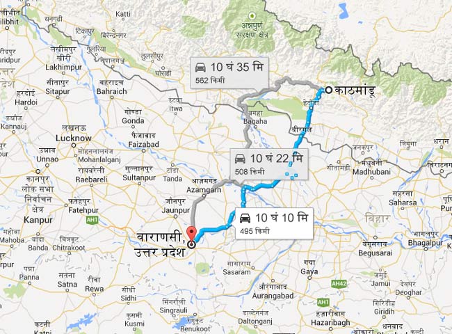 Varanasi to Kathmandu (Map)