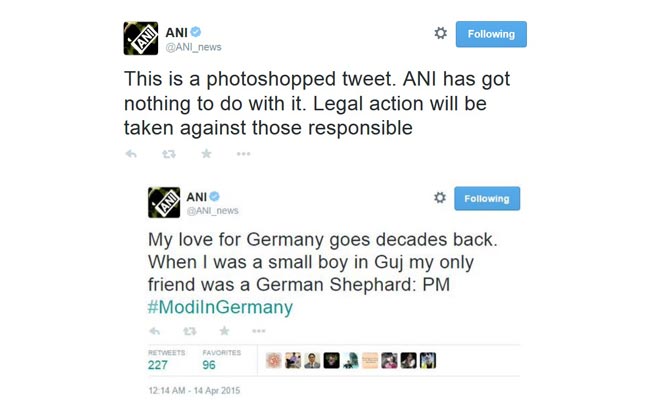 ANI के नाम से किया गया फेक ट्ववीट