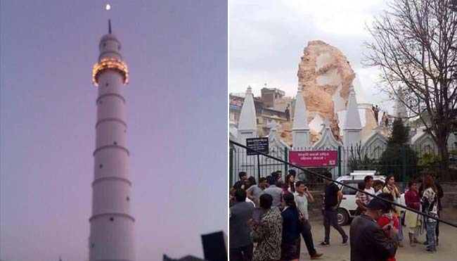 धरहरा टावर की भूकंप से पहले और बाद की तस्वीर