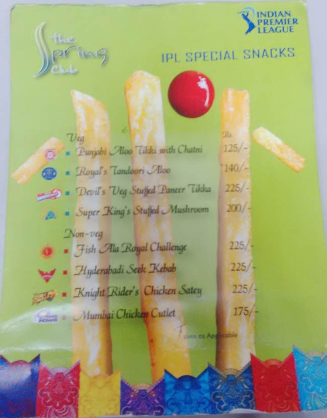 कोलकाता के क्लब का मेन्यू