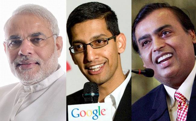प्रधानमंत्री नरेंद्र मोदी, रिलायंस इंडस्ट्रीज के चेयरमैन मुकेश अंबानी और गूगल के CEO सुंदर पिचाई