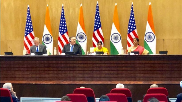 साझा प्रेस कॉन्फ्रेंस के दौरान भारत-अमेरिका के मंत्री (फोटो- संजय)