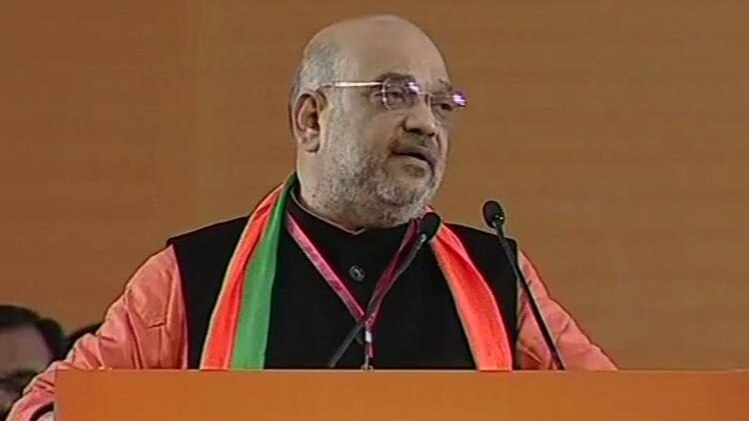 रामलीला मैदान में बीजेपी कार्यकर्ताओं को संबोधित करते अमित शाह (फोटो- एएनआई)