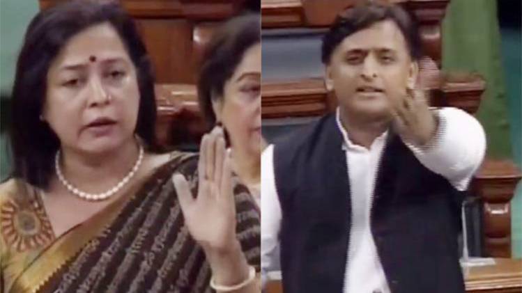 बीजेपी सांसद मीनाक्षी लेखी और सपा अध्यक्ष अखिलेश यादव 