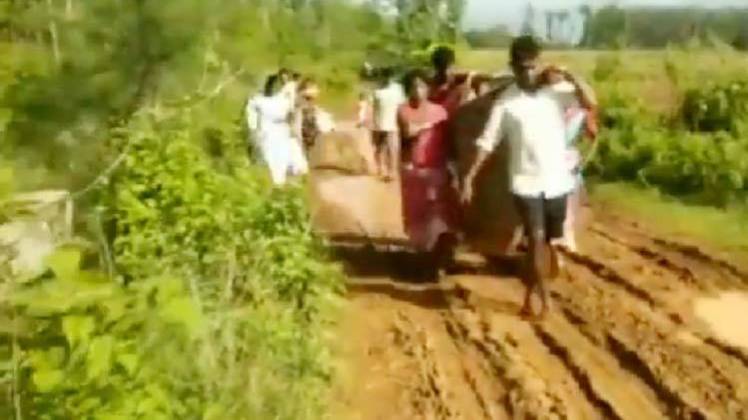 गर्भवती महिला को अस्पताल ले जाते ग्रामीण (फोटोः ANI)