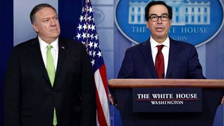 अमेरिका के विदेश मंत्री माइक पोम्पिओ और वित्त मंत्री स्टीवन म्नुचिन (फोटो: AP)