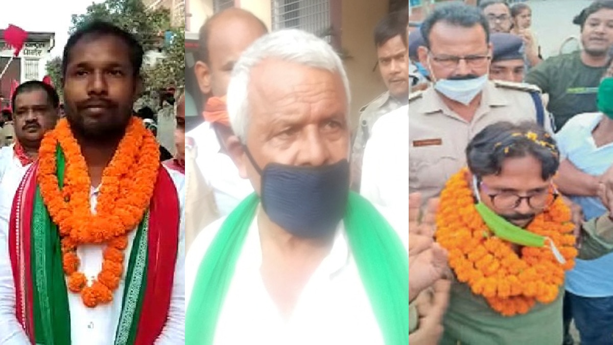 नामांकन करने आए भाकपा माले प्रत्याशी मनोज मंजिल (बाएं), निर्दलीय प्रत्याशी बुटेश्वर यादव (बीच में) और कुमुद पटेल जन तांत्रिक विकास पार्टी को गिरफ्तार किया गया है.