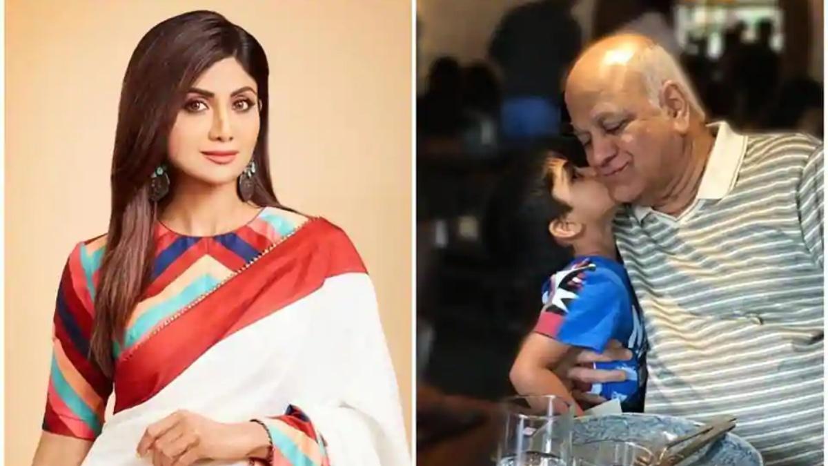 शिल्पा शेट्टी, उनके बेटे विआन और पिता सुरेन्द्र शेट्टी 