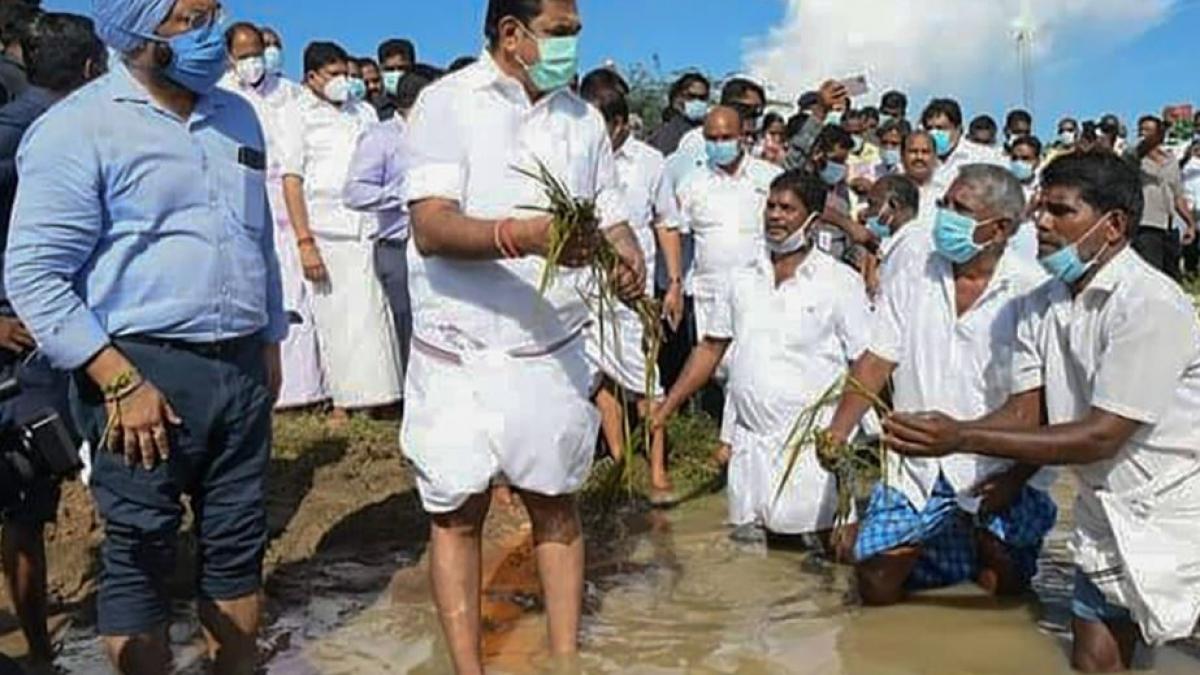 तमिलनाडु के सीएम ई पलानीस्वामी एक किसान के साथ (फोटो- पीटीआई)