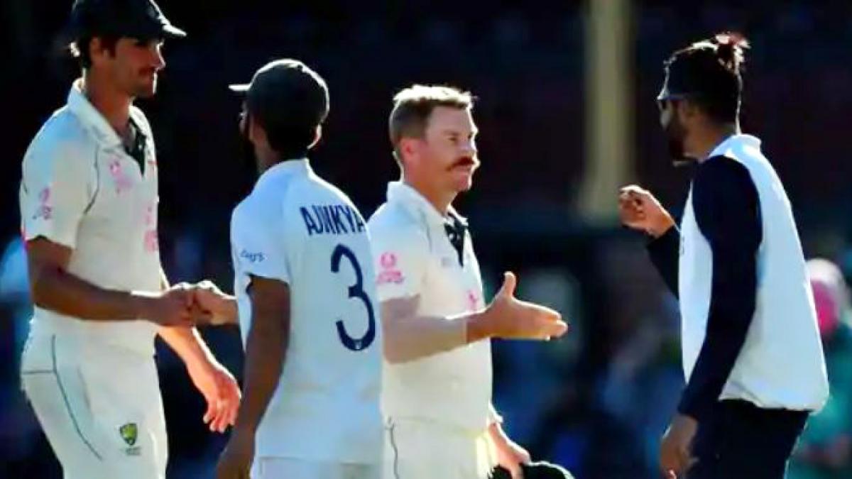 Mitchell Starc, Ajinkya Rahane, Australia's David Warner and Mohammed Siraj greet each other at the end of the third Test (AFP)