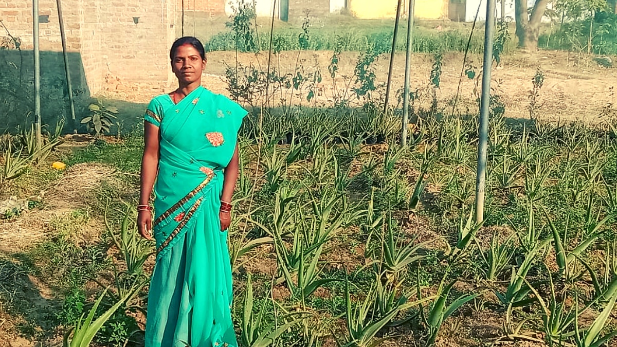 देवरी गांव की एक महिला अपने एलोवेरा के पौधों के साथ 