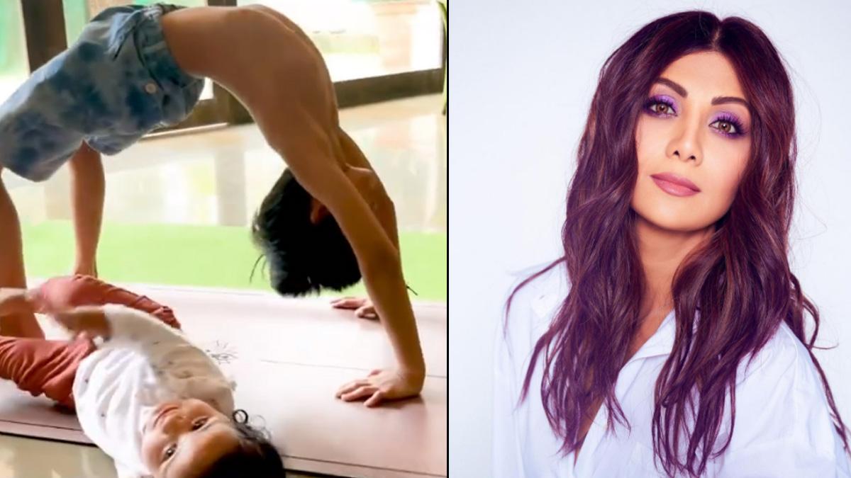 शिल्पा शेट्टी और उनके दोनों बच्चे योग करते हुए