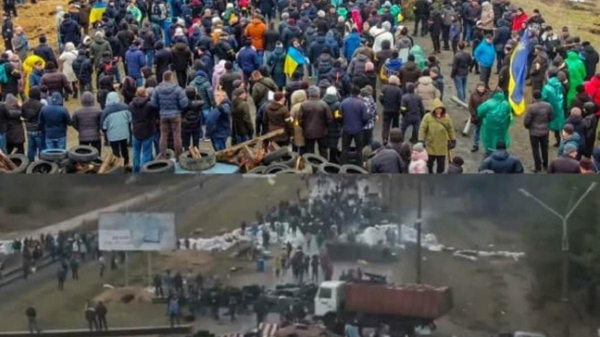 सड़कों पर उतर रूसी सेना को रोकने की कोशिश कर रहे यूक्रेनी नागरिक