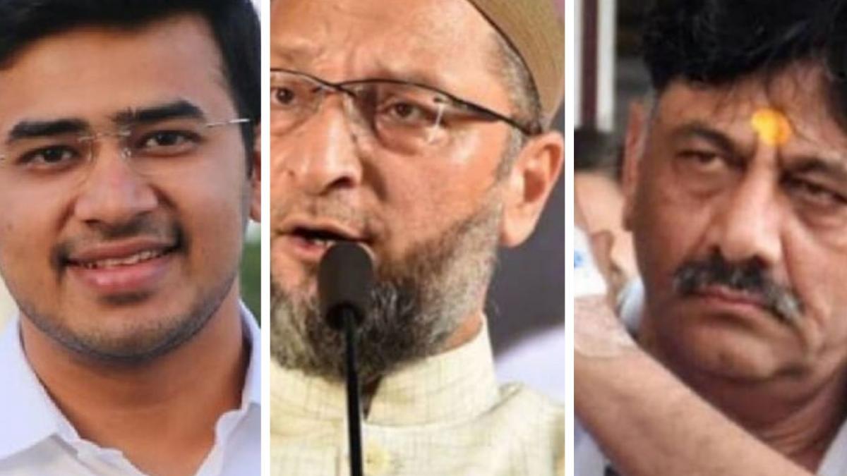 बीजेपी नेता तेजस्वी सूर्या, असदुद्दीन ओवैसी और कांग्रेस नेता डीके शिवकुमार