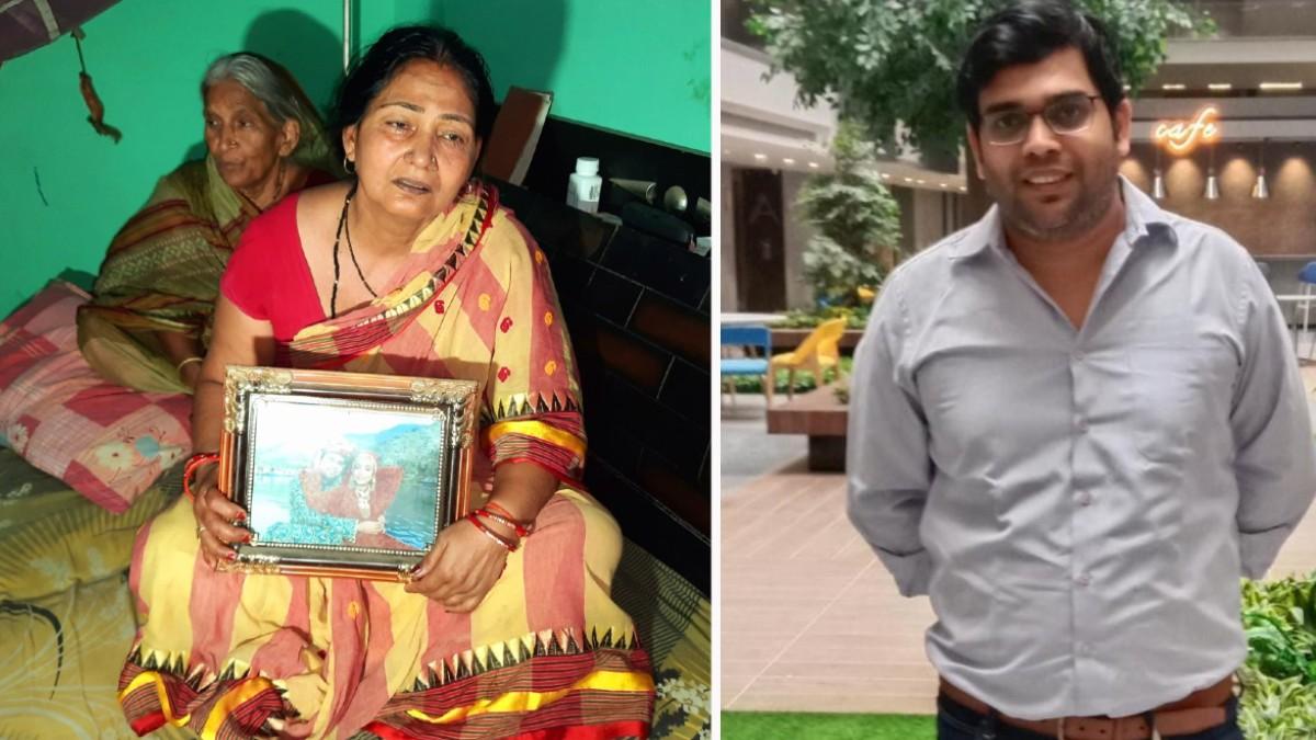 बेटे की मौत के बाद गमगीन अवस्था में मां. (दाएं मृतक बृजेश राय)