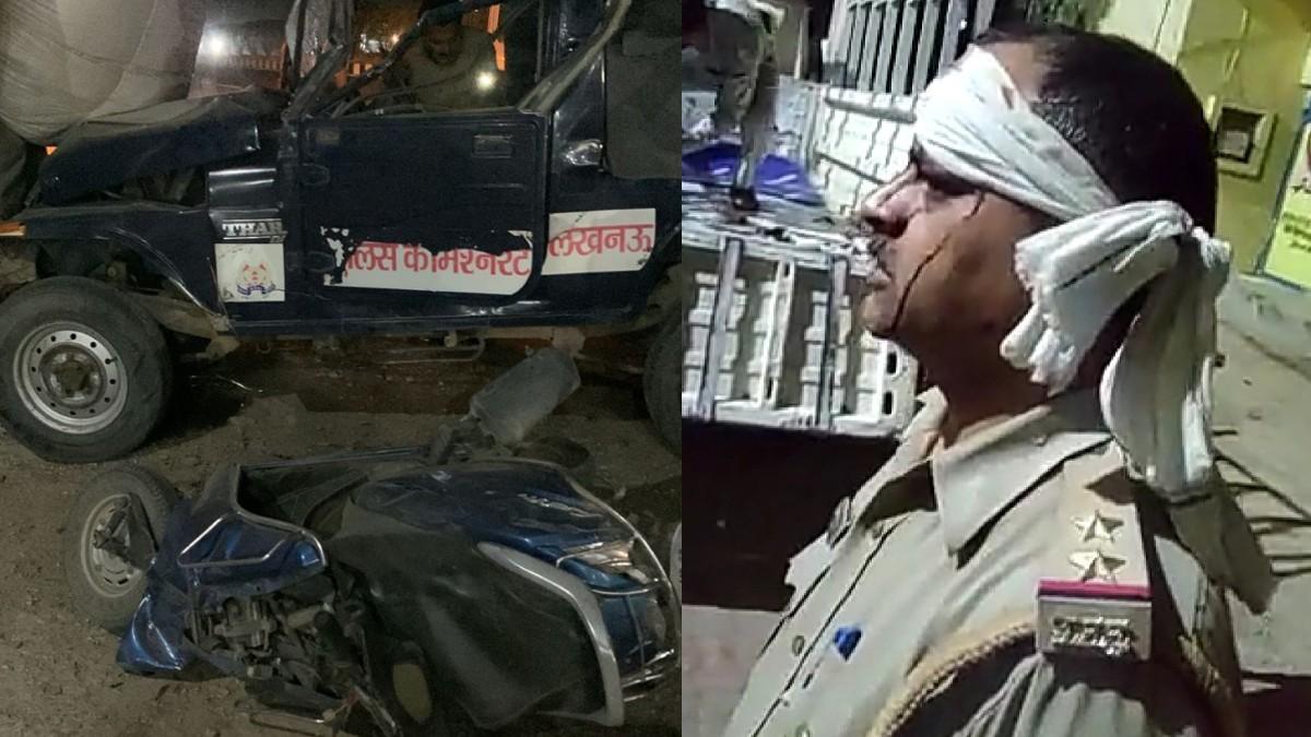 दुर्घटना की शिकार जीप और स्कूटी. घायल पुलिस कर्मी.