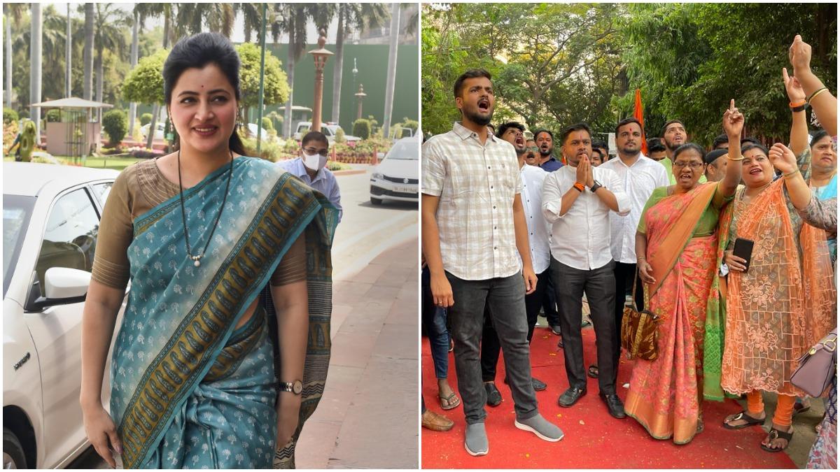 मुंबई में नवनीत राणा के घर के बाहर शिवसेना कार्यकर्ताओं का प्रदर्शन