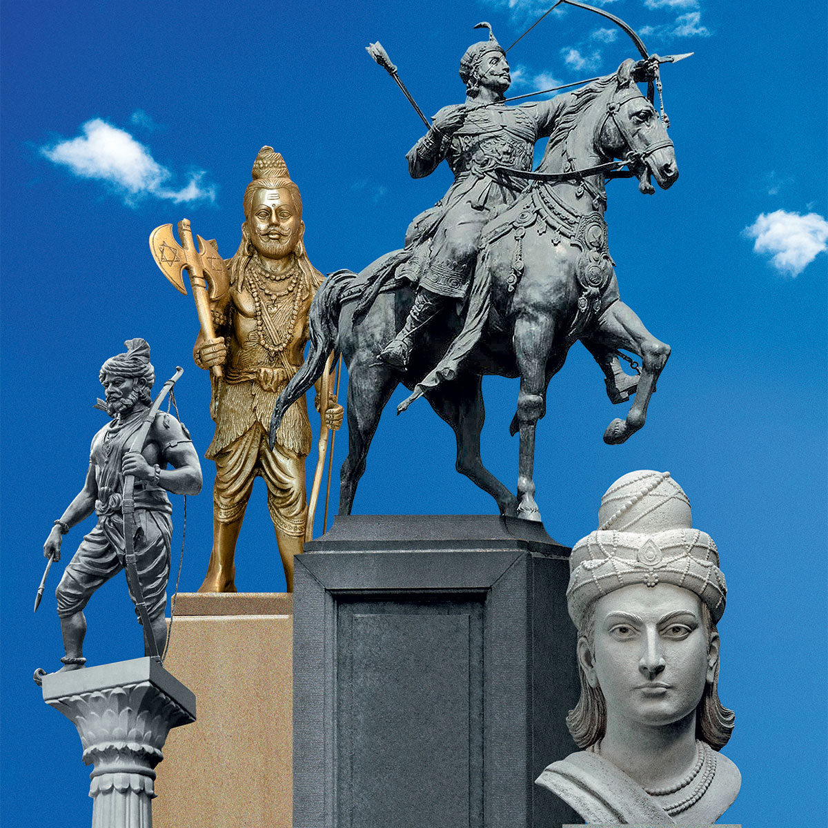 राणा पुंजा, परशुराम, पृथ्वीराज चौहान और सम्राट अशोक (बाएं से दाएं)