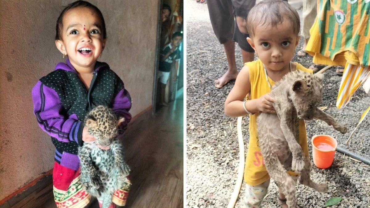 शावक के साथ खेलती बच्ची.