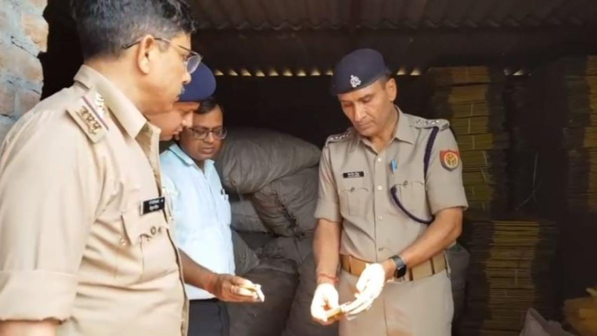 पटाखा फैक्ट्री में जांच करते पुलिसकर्मी