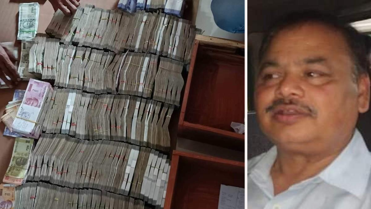 बाएं बरामद कैश और दाएं घूसखोर रेंजर.