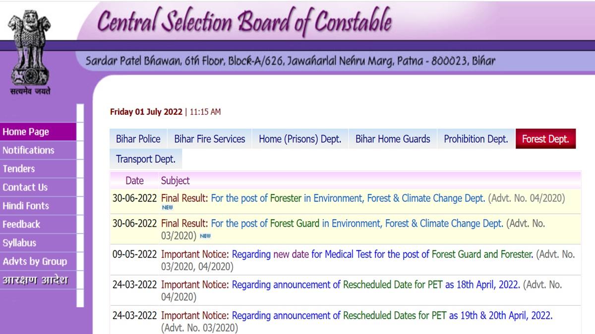CSBE Bihar Police Forest Guard and Forester Final Result 2022
