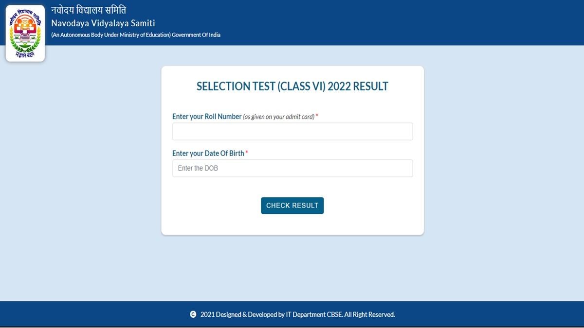 JNVST Class 6 Result 2022 Declared
