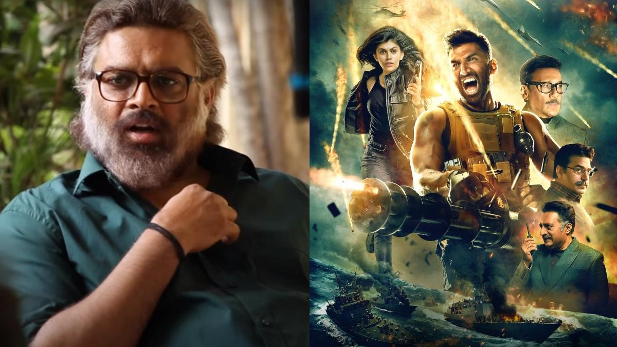 रॉकेट्री के एक सीन में आर माधवन, फिल्म राष्ट्र कवच ओम का पोस्टर