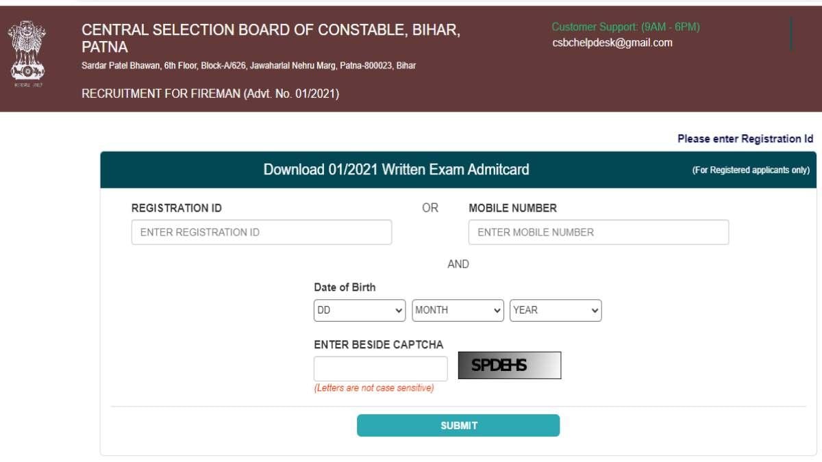 CSBC Bihar Fireman Admit Card 2022