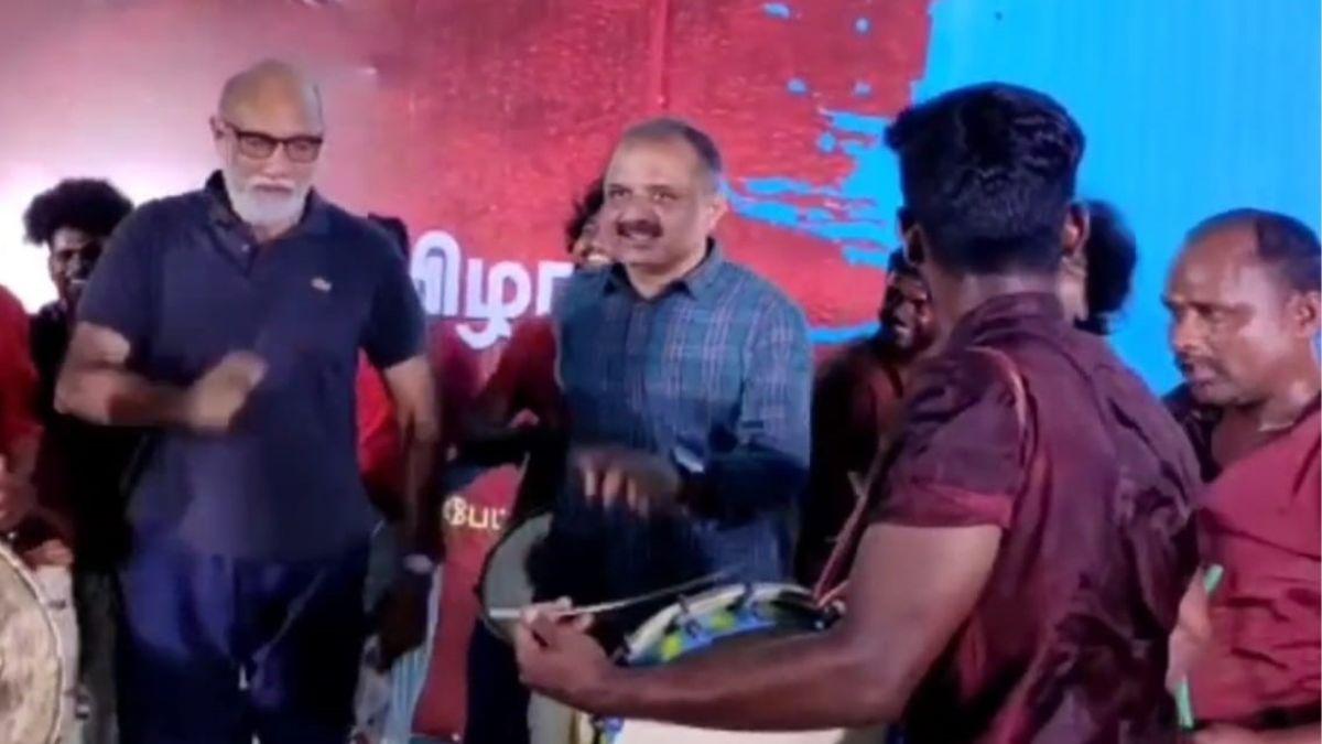 पेरारिवलन के कार्यक्रम में मंच पर डांस करते अभिनेता सत्यराज