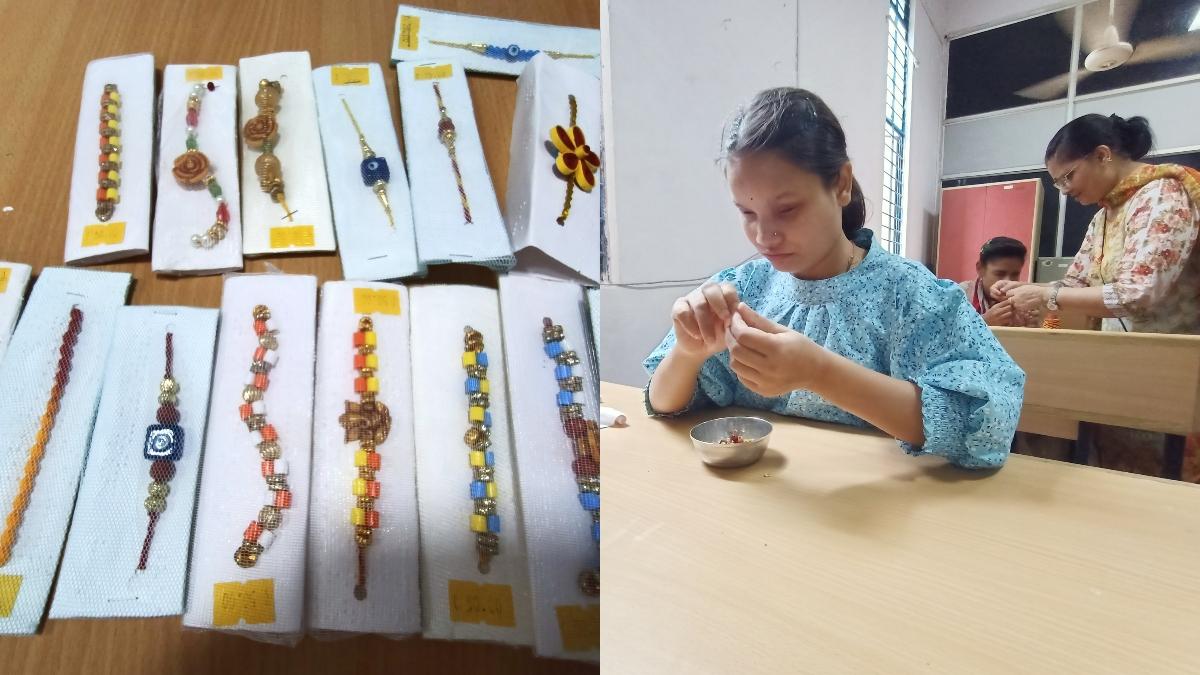राखियां तैयार करतीं लड़कियां