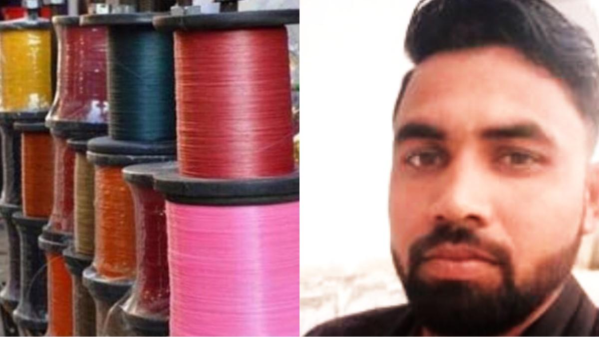 बाइक सवार कारोबारी आया मांझे की चपेट में.