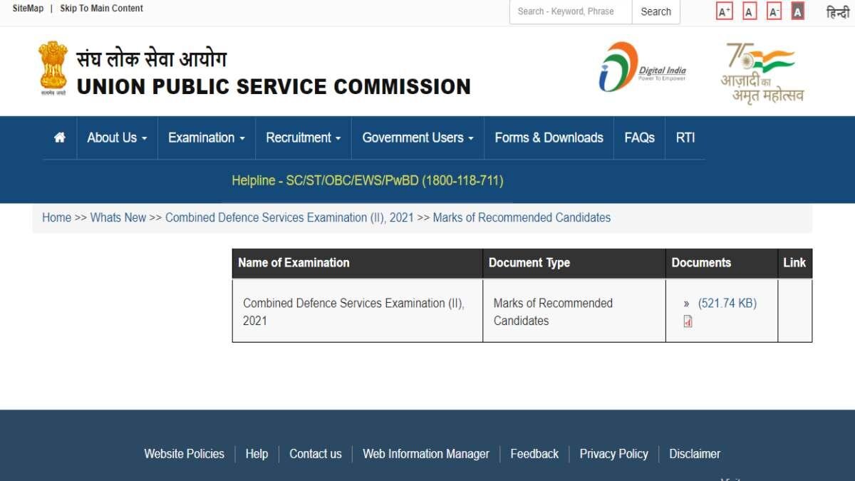 UPSC CDS II Result 2021 Marks