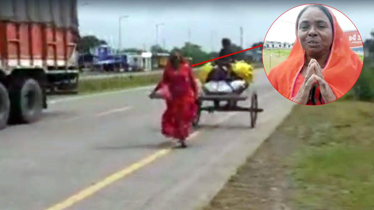 हाथों से बैलगाड़ी खींचती महिला (फोटो-आजतक)