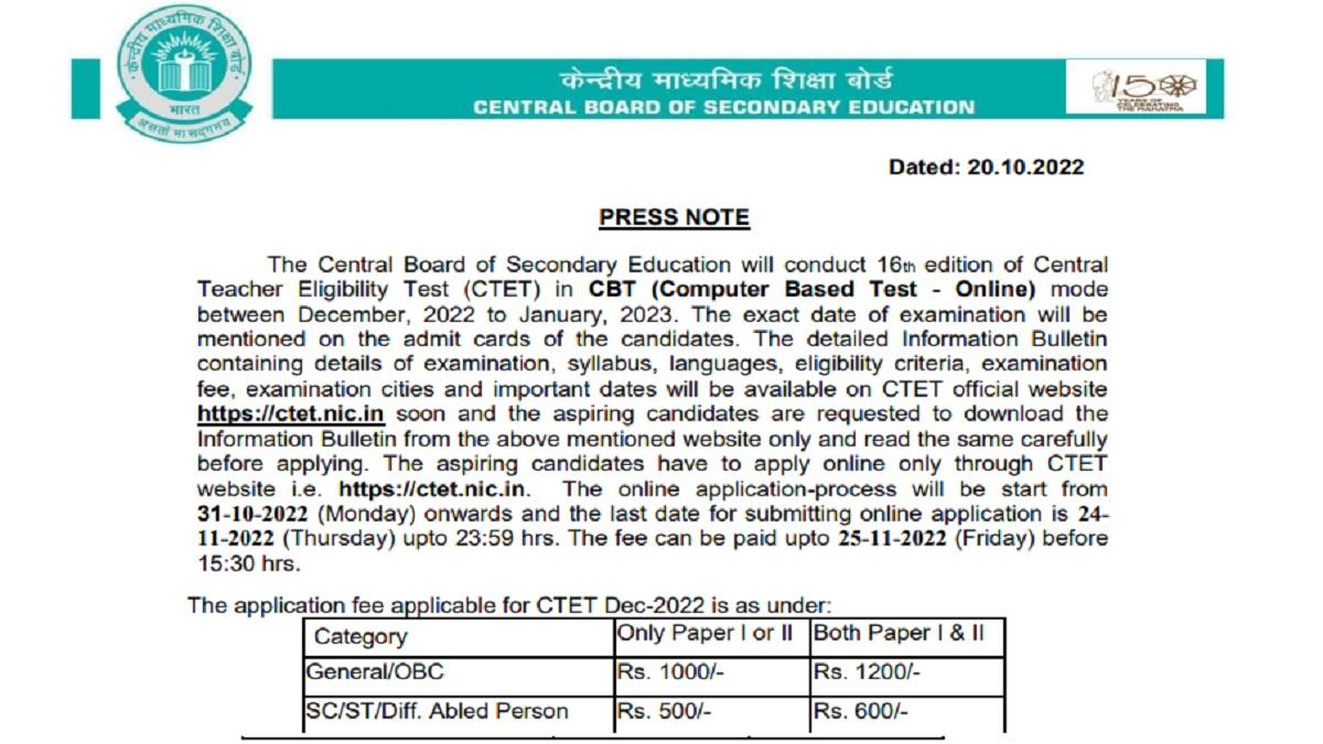 CBSE CTET 2022 Notification Out