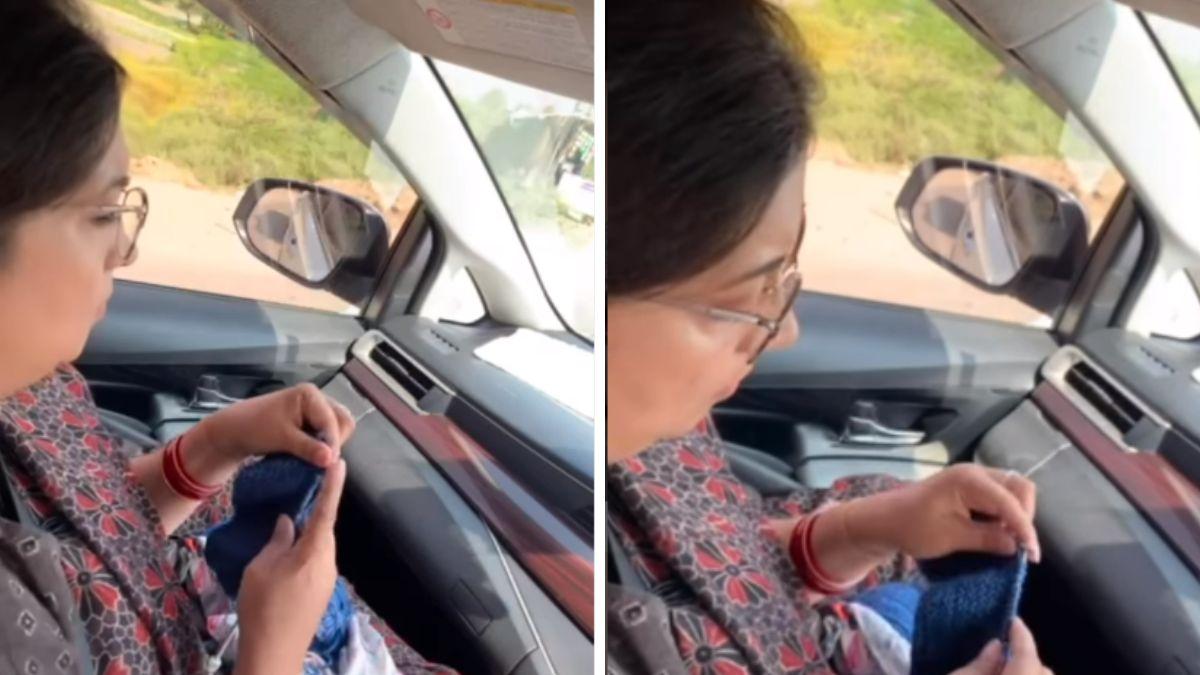कार में स्वेटर बुनतीं केंद्रीय मंत्री स्मृति ईरानी. (Photo: instagram smritiiraniofficial)