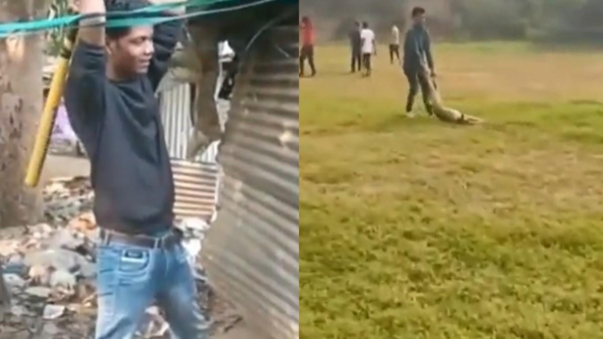 डॉग को बेरहमी से पीटता युवक और मौत के बाद मैदान पर उसे घसीटता शख्स.