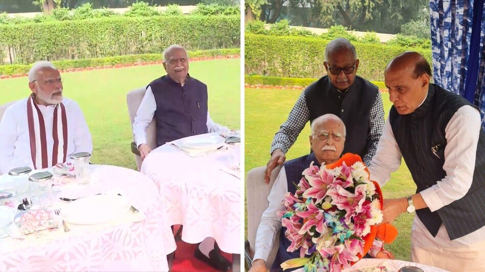 लाल कृष्ण आडवाणी के जन्मदिन पर बधाई देने पहुंचे पीएम मोदी, राजनाथ सिंह भी मौजूद - PM NARENDRA Modi rajnath singh reaches at Advani residence to wish him on his birthday ntc -