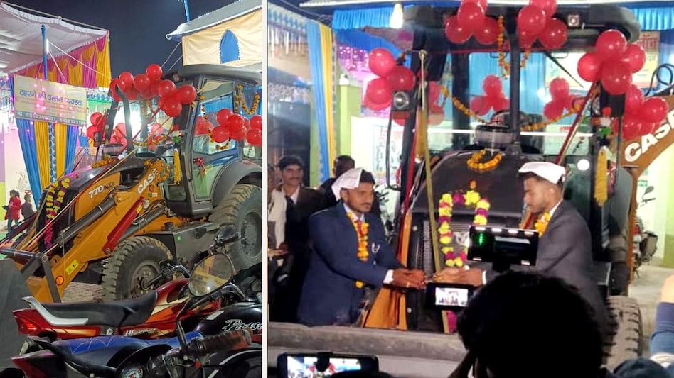 शादी में दूल्हे को मिले बुलडोजर की तस्वीर.
