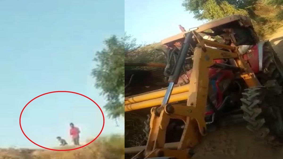 पीले घेरे में वन विभाग टीम पर पत्थर फेंकते रेत माफिया और जब्त किया गया लोडर.