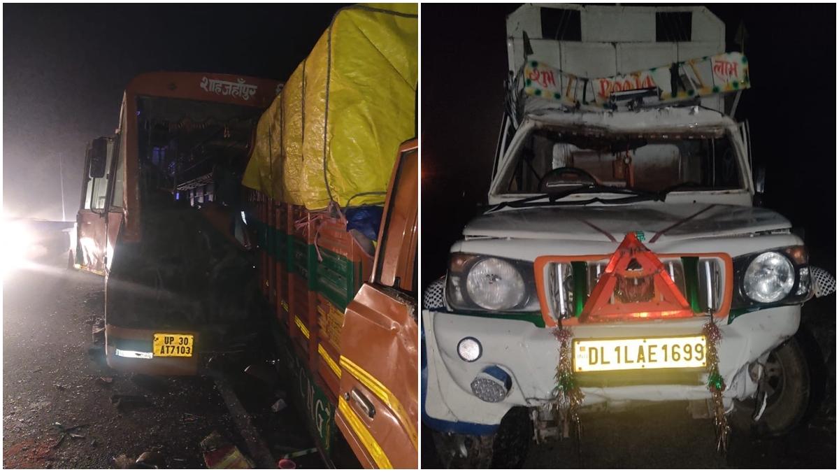 पिकअप को पहले डीसीएम ने फिर रोडवेज की बस ने मारी जोरदार टक्कर.